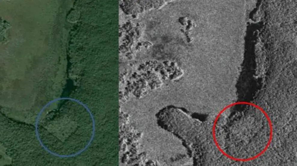 Las dos imágenes de Google Earth comparan la zona donde está la ciudad maya,