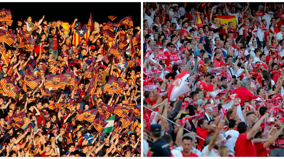 Aficionados del Barça y del Sevilla en el Vicente Calderón