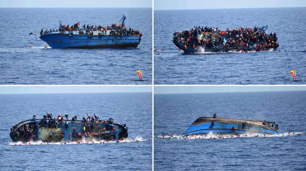 Secuencia de imágenes que muestra cómo volcó la embarcación frente a las costas de Libia.