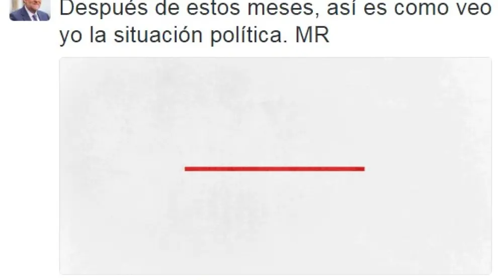 "Después de estos meses, así es como veo yo la situación política", ha escrito Rajoy acompañando el texto con la imagen de un rectángulo blanco en cuyo centro figura una línea roja horizontal.