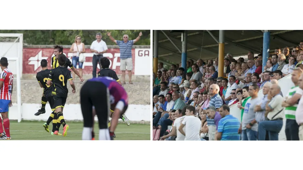 Dos imágenes del partido Real Zaragoza-Mohgreb Athletic Tetuán que se disputó hace dos veranos en el campo de La Corona de Almudévar (Huesca).
