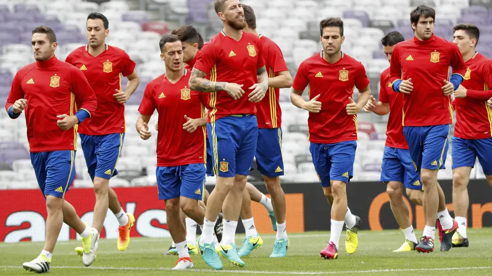 Los jugadores de la selección española, durante el último entrenamiento