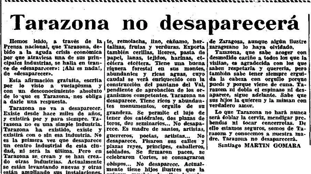 Noticia publicada hace 50 años en Heraldo de Aragón en réplica a otra publicada en un medio nacional que daba por hecho que Tarazona iba a desaparecer.