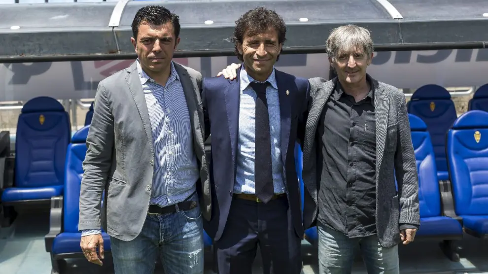 Luis Cembranos, Luis Milla y Miguel Gandía, el trío que compone en nuevo cuadro técnico del Real Zaragoza.