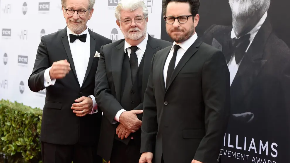 Director Steven Spielberg, filmmaker George Lucas and filmmaker J.J. Abrams arrive at the 2016 American Film Institute Life Achievement Awards Honoring John Williams, in Hollywood, California, on June 9, 2016. /