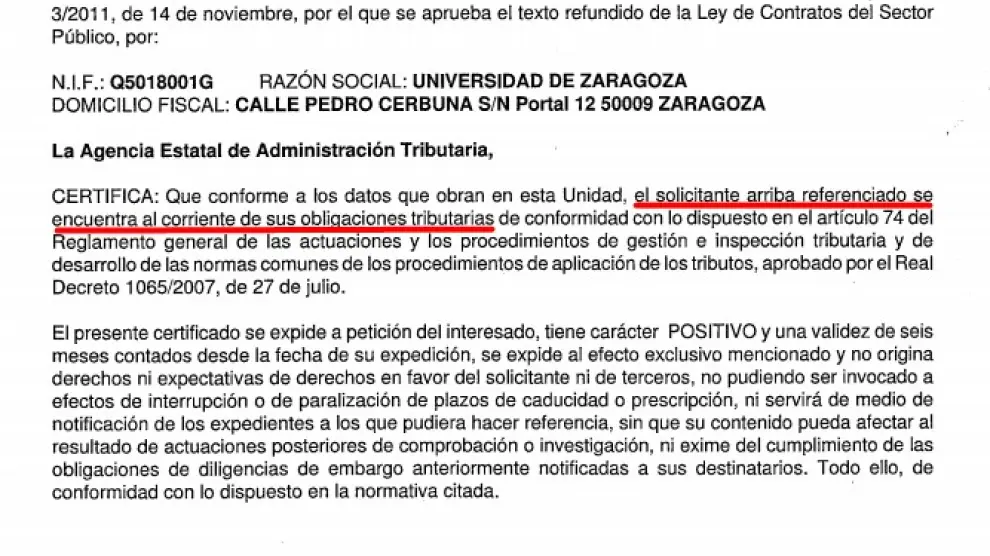El documento de Hacienda que certifica que la Universidad de Zaragoza está al corriente de pago