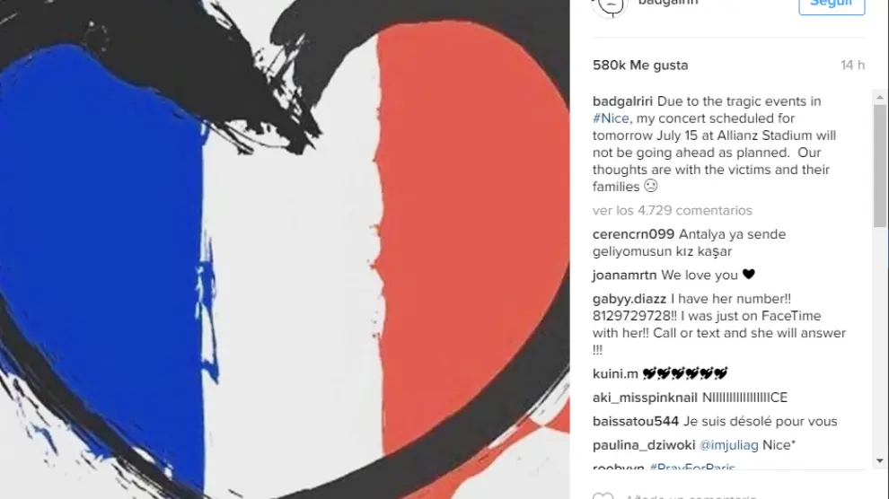 Rihanna ha colgado un mensaje en Instagram en solidaridad con las víctimas del atentado de Niza.