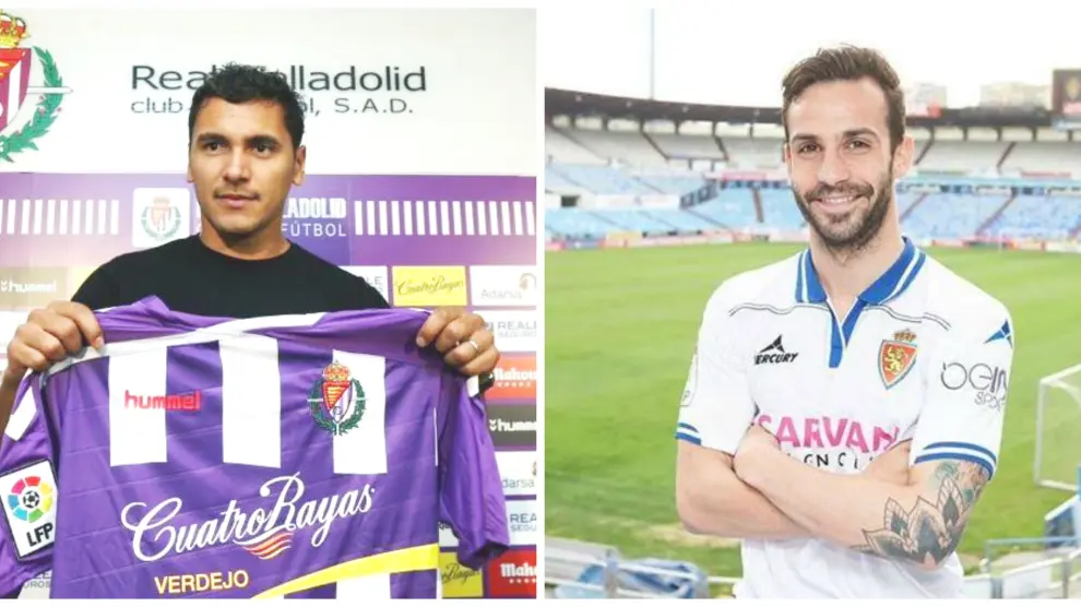 Marcelo Silva, hace un año en su presentación como jugador del Valladolid, y Guitián con la camiseta del Real Zaragoza en su estreno como jugador del equipo aragonés el 2 de febrero. Ahora ambos han permutado los colores.