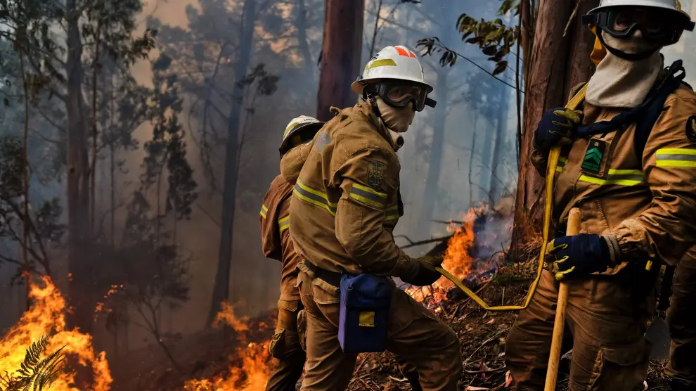 Un equipo de  bomberos trata de extinguir uno de los focos del incendio de Madeira.