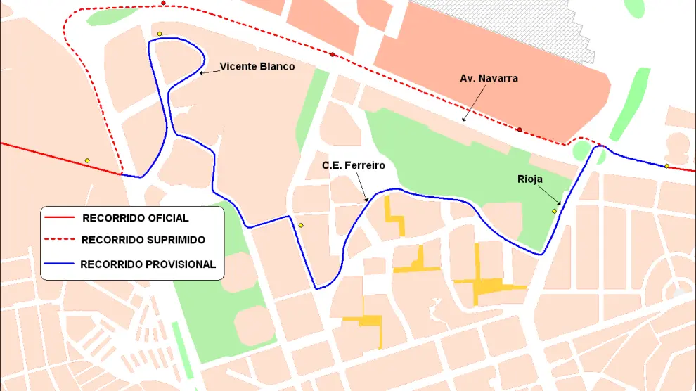Mapa del desvío de la línea 52 por las obras en la avenida de Navarra con Vía Hispanidad.