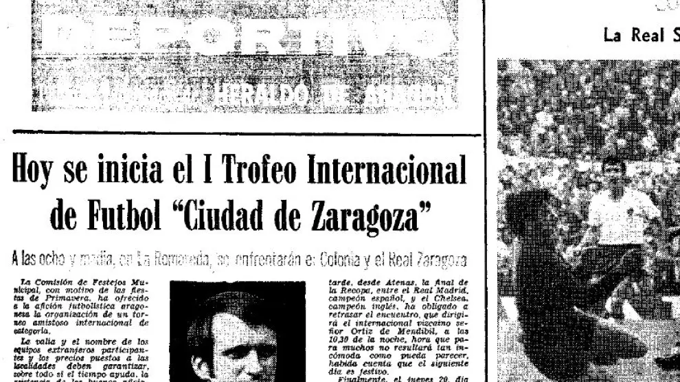 Pieza informativa del HERALDO DE ARAGÓN del 18 de mayo de 1971 en la que se anunciaba el inicio de la 1ª edición de Trofeo Ciudad de Zaragoza. La foto que se utilizó para ilustrarla fue la del alemán Overath, del Colonia.