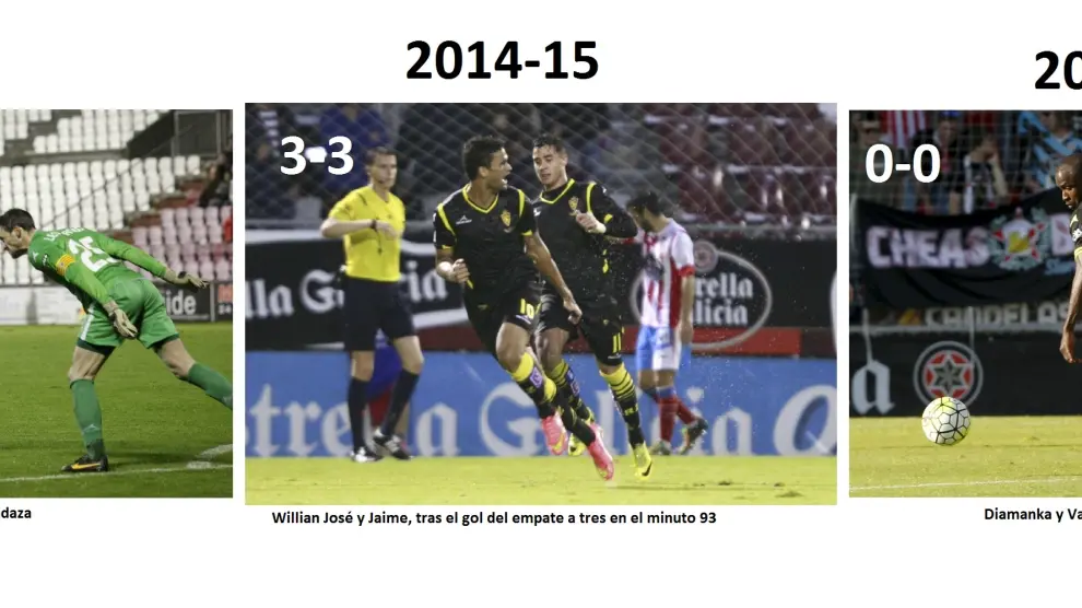 Tres imágenes de los tres partidos precedentes jugados por el Real Zaragoza en Lugo, los únicos en toda su larga historia.