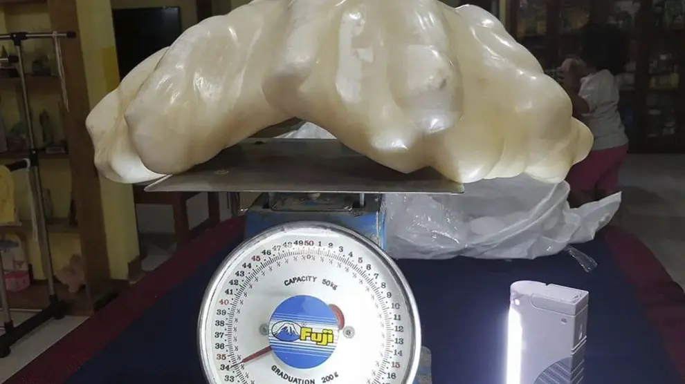 La perla de ostra de 34 kilos encontrada por un pescador filipino en la isla de Palawan.