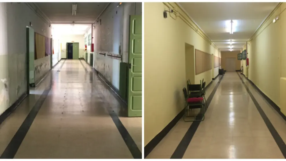 El antes y el después de los pasillos de la planta baja del colegio de Quinto.