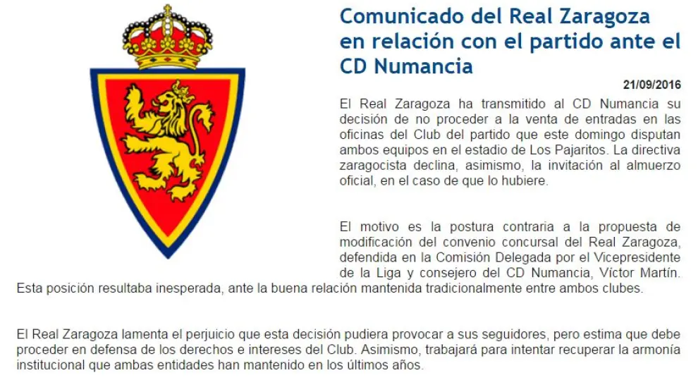 Comunicado oficial emitido por el Real Zaragoza este miércoles en su página web.