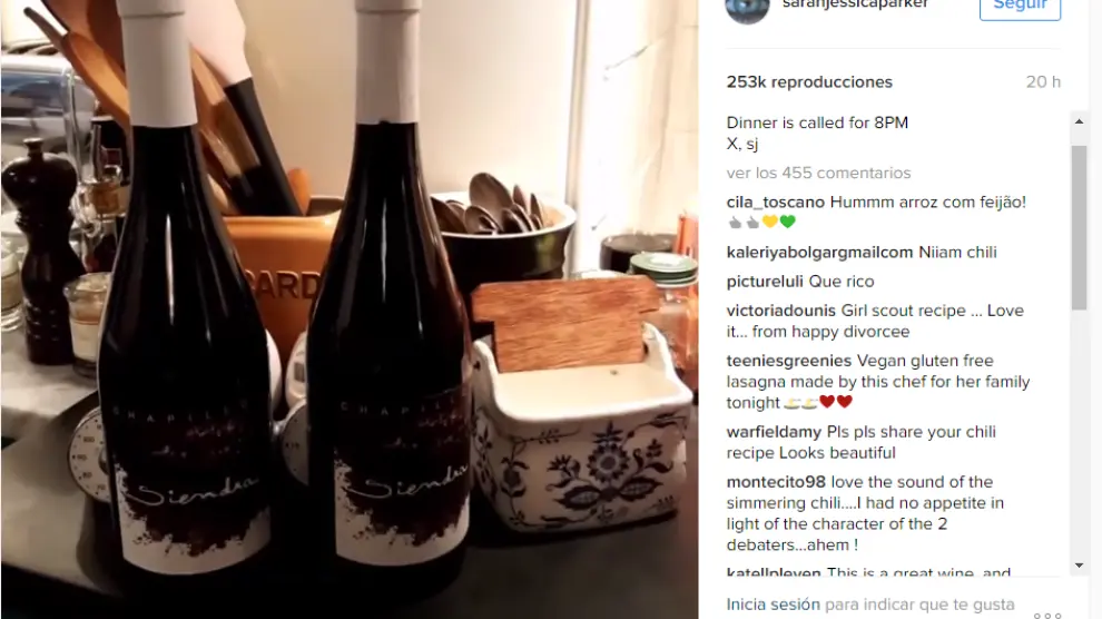 Sarah Jessica Parker sube a Instagram un vídeo donde aparecen dos botellas de vino de Calatayud.