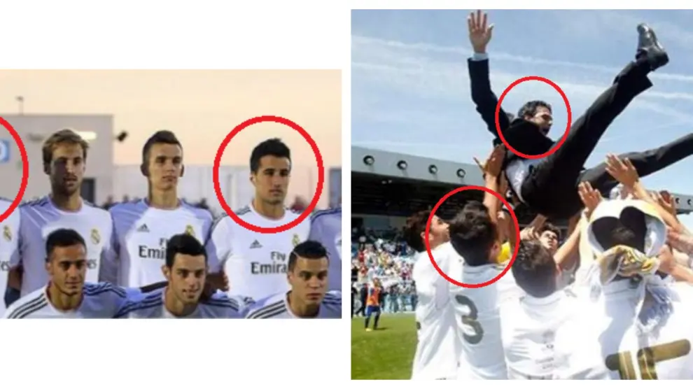 A la izquierda, una formación del RM Castilla en la liga 2013-14, con Cabrera y Casado (en ambos círculos) en el once de Toril. A la derecha, celebración del ascenso del RM Castilla a Segunda un año antes, donde Toril es manteado (Casado es el 3).