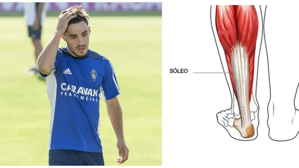 Isaac Carcelén, durante el entrenamiento. A la dcha., detalle de la lesión que sufre el lateral del Real Zaragoza.