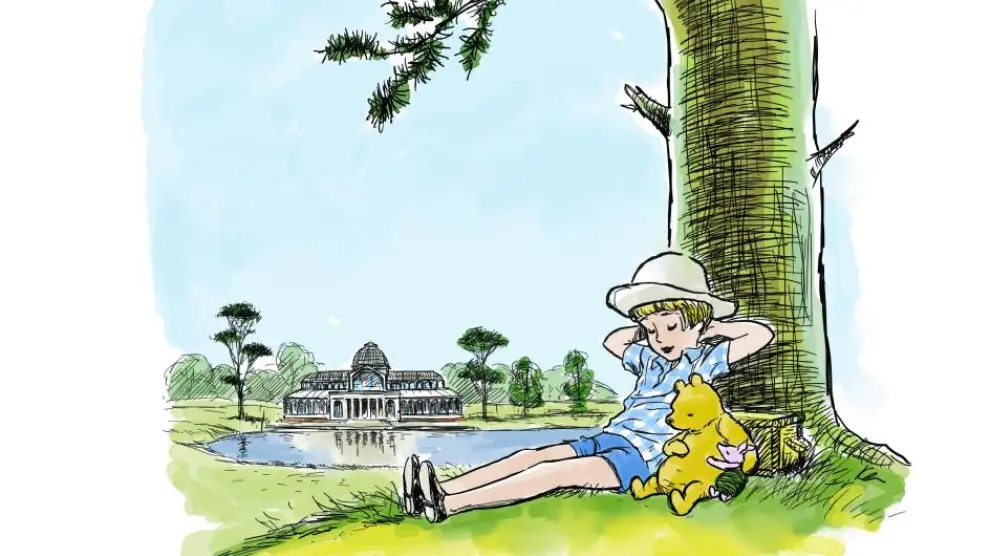 Ilustración en la que Winnie the Pooh aparece sentado junto al Palacio de Cristal de Madrid.
