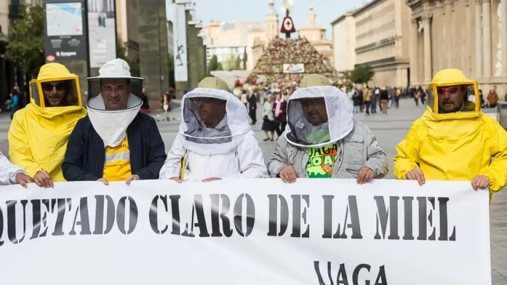 Protesta de apicultores aragoneses en la Plaza del Pilar