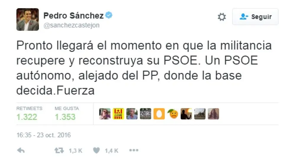 Pedro Sánchez confía en que la militancia "reconstruya" pronto un PSOE "alejado del PP"