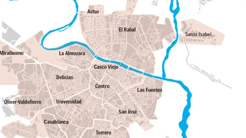 Mapa de los barrios de Zaragoza.
