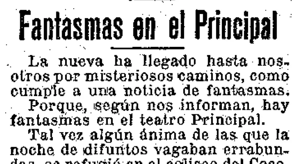 Noticia publicada por HERALDO DE ARAGÓN sobre la aparición de un fantasma en el Teatro Principal.