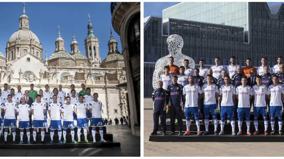 Las dos fotos oficiales del Real Zaragoza hechas últimamente en exteriores. Hace tres años, ante el Pilar en la calle Alfonso; y hace dos años, en la Expo.