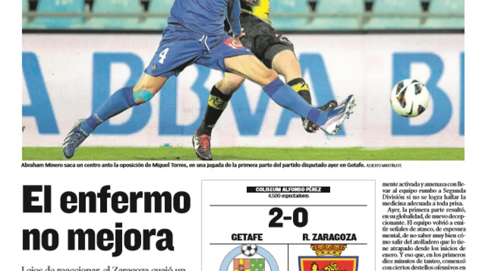 Portada de la crónica del último partido Getafe-Real Zaragoza, en marzo de 2013, aún en Primera División.
