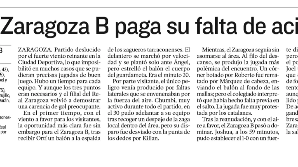 Crónica de HERALDO DE ARAGÓN del Real Zaragoza B-Reus de hace cinco años en la Ciudad Deportiva que dirigió el árbitro Gorostegui Fernández, el mismo que pitará este sábado en La Romareda.