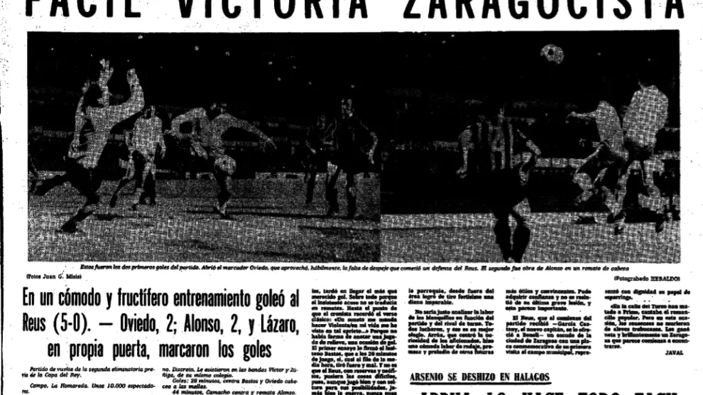 Encabezamiento de la crónica de HERALDO DE ARAGÓN del Real Zaragoza-Reus Deportivo de hace 39 años, en una eliminatoria de Copa en 1977.