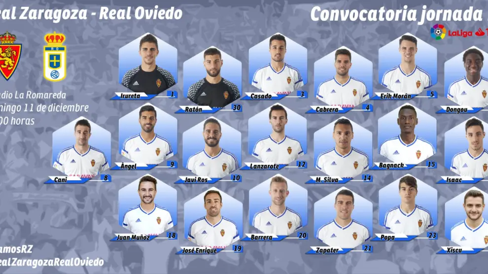 Convocatoria del Real Zaragoza ante el Oviedo, en el formato utilizado por el club en su web y twitter.