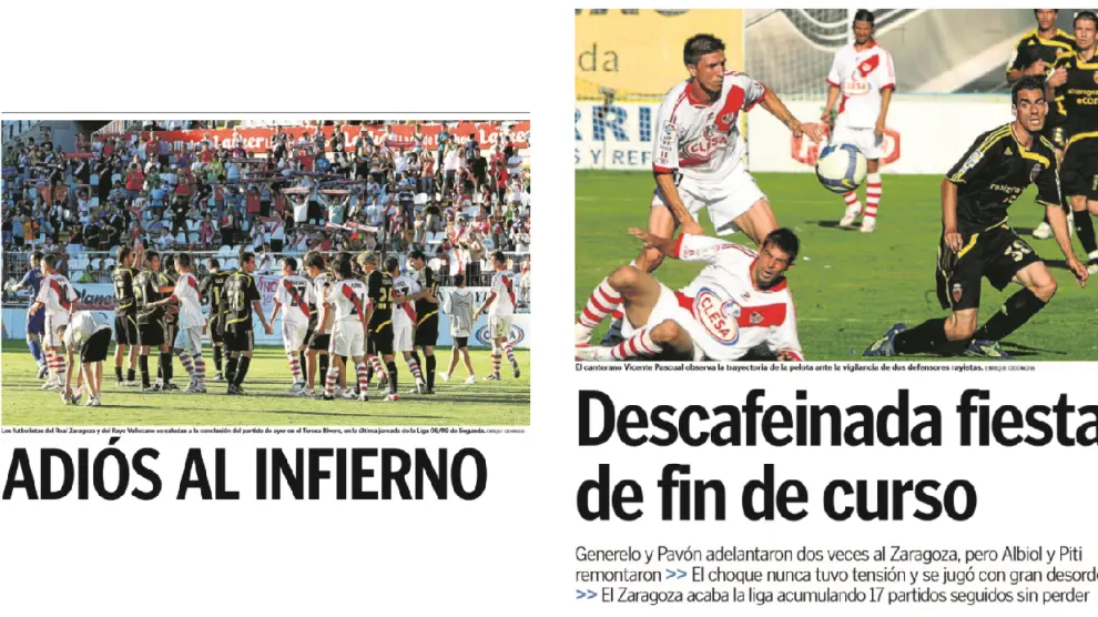 Dos extractos de las páginas de Heraldo de Aragón sobre la información del último Rayo Vallecano-Real Zaragoza en Segunda División, jugado en junio de 2009.