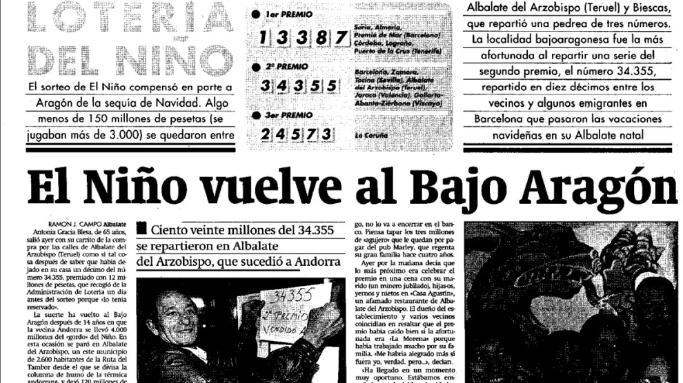 Así fue la página del Heraldo de Aragón del 6 de enero de 1997 que anunciaba el premio en Albalate del Arzobispo.
