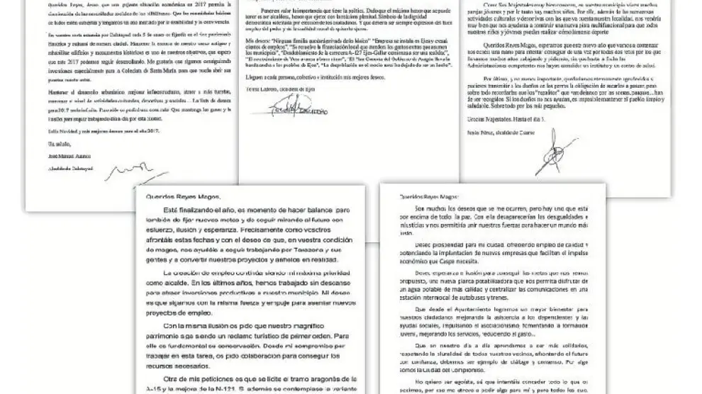 Cartas de los alcaldes de Calatayud, Ejea de los Caballeros, Cuarte de Huerva, Tarazona y Caspe a los Reyes Magos.