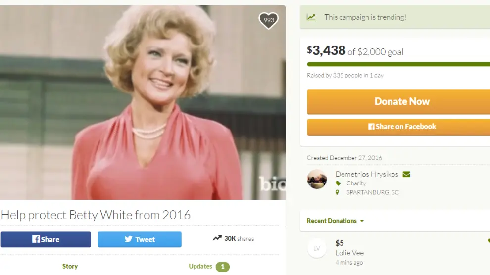 Campaña para salvar a Betty Whitte de morir en 2016.