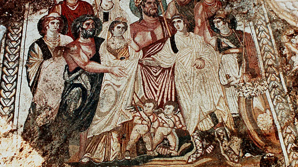Detalle de 'Las bodas de Cadmo y Harmonia' cuando fue descubierto el mosaico en la villa romana.