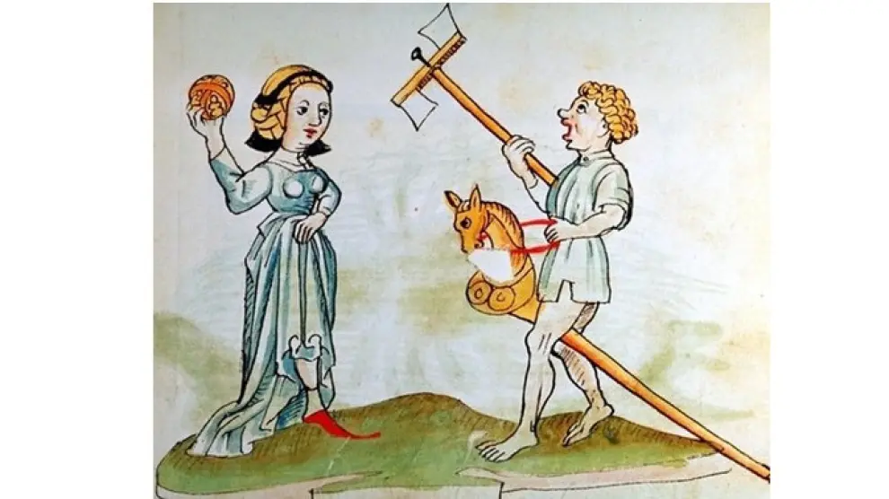 Ilustración medieval de niños jugando con un caballito y una pelota