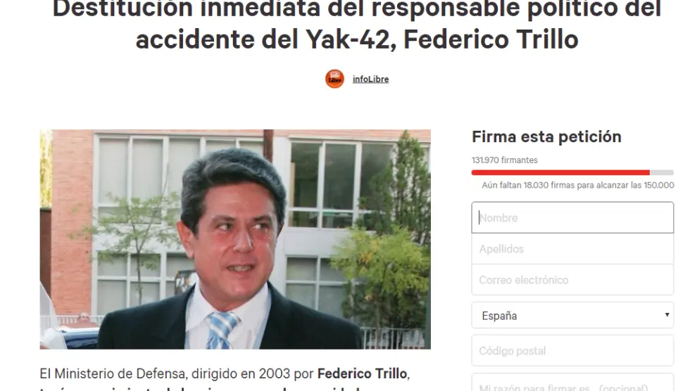 Petición en 'Change.org' para la destitución de Trillo como embajador de España en Londres.