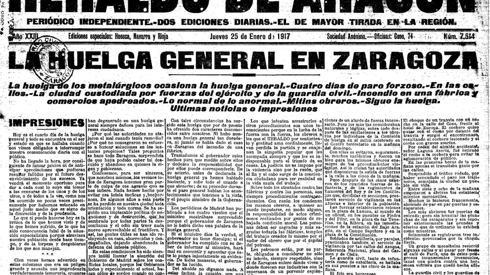 Portada de HERALDO del 25 de enero de 1917 sobre la huelga general en Zaragoza.