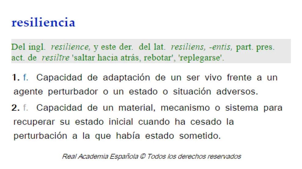 Significado de 'resiliencia', según el Diccionario de la Lengua Española.