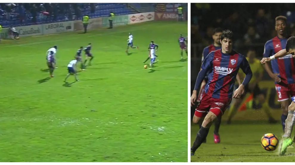 Captura de Gol Tv del momento en el que Ángel va a golpear la pelota para anotar el 1-2 en Huesca. A la derecha, instante y lugar preciso en el que el delantero zaragocista remata el gol en El Alcoraz.