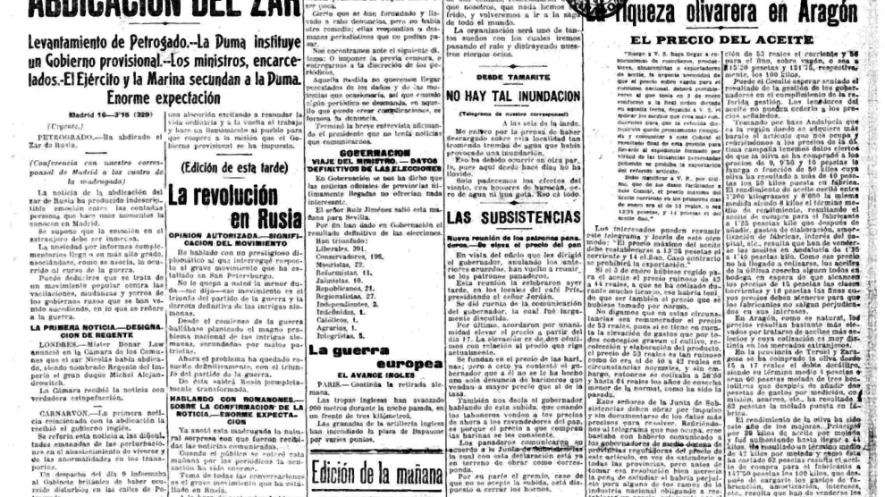 Portada de HERALDO DE ARAGÓN del 15 de marzo de 1917.