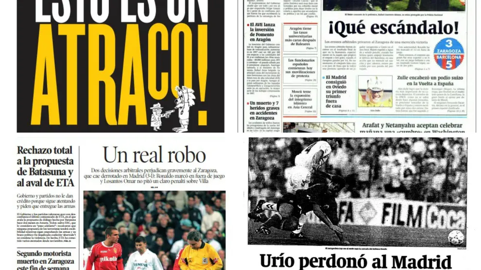 Cuatro ejemplos de portadas del HERALDO DE ARAGÓN tras cuatro robos arbitrales al Real Zaragoza.