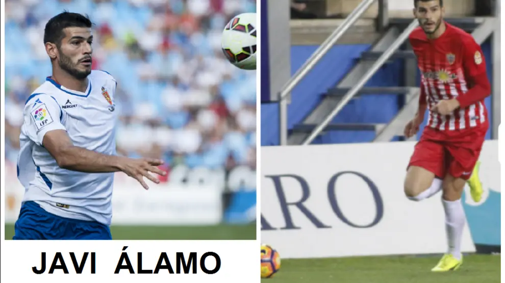 Javi Álamo, en una imagen con el Real Zaragoza en la liga 2014-15, y en otra más reciente con el Almería (en Cádiz).
