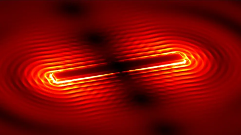 Representación de la intensidad del campo eléctrico de la radiación de una antena de oro sobre una lámina de nitruro de boro, un material que presenta propiedades fotónicas tan interesantes como una alta capacidad de concentración de luz