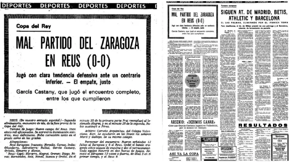 Detalle de la ficha del partido Reus-Real Zaragoza de 1977, y la página completa donde HERALDO DE ARAGÓN informó de aquel choque de ida de la eliminatoria de Copa.