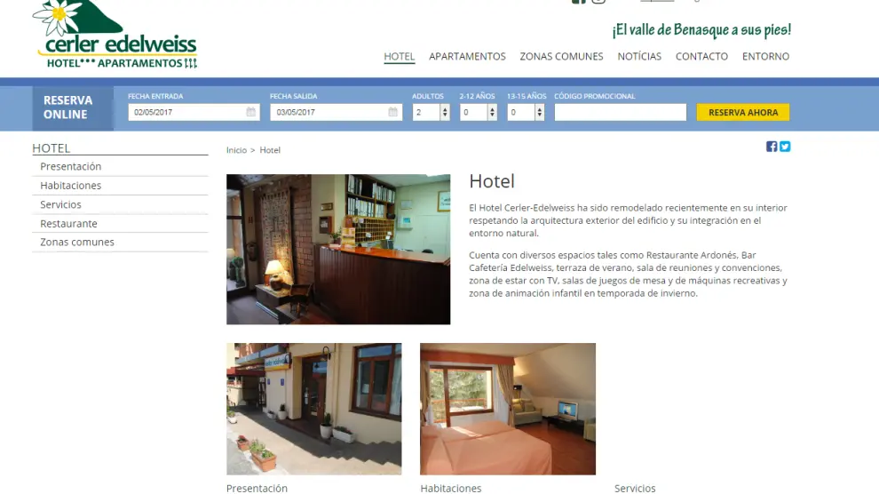 Página web del hotel Edelweiss de Cerler.