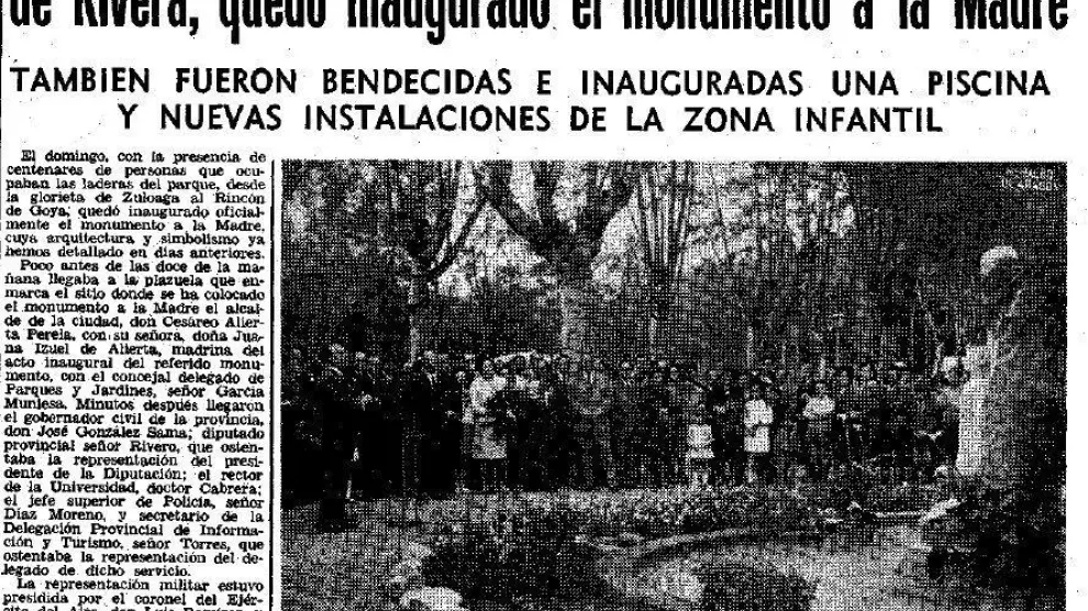HERALDO DE ARAGÓN contó a sus lectores la inauguración del Monumento a la Madre