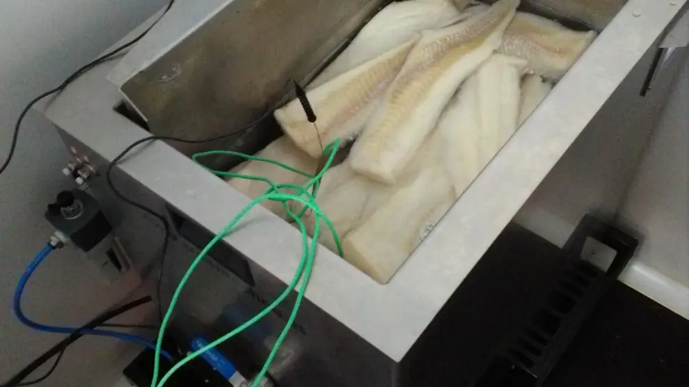 Prototipo del equipo de ultrasonidos desarrollado por el grupo de investigación A20 de la Universidad de Zaragoza utilizado para el procesado de filetes de pescado con el fin de reducir su carga microbiana y prolongar su vida útil